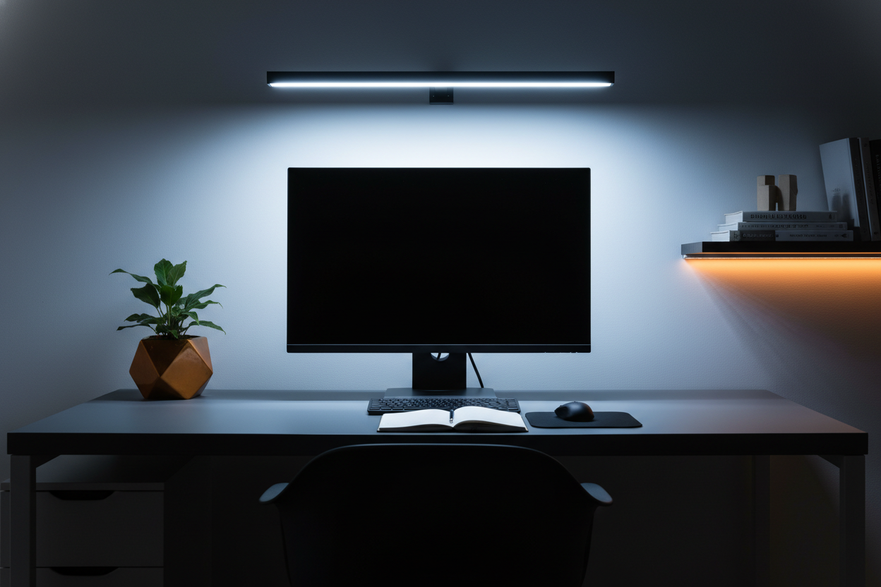 A professional workspace at night with a desktop computer and a harsh overhead light creating glare on the monitor and deep s