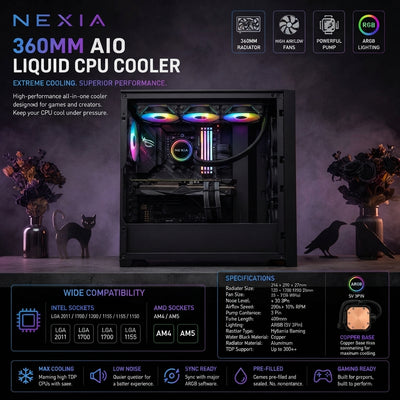 AIO liquid CPU cooler with illuminated fans installed in a dark gaming PC case with festive purple and orange lighting.