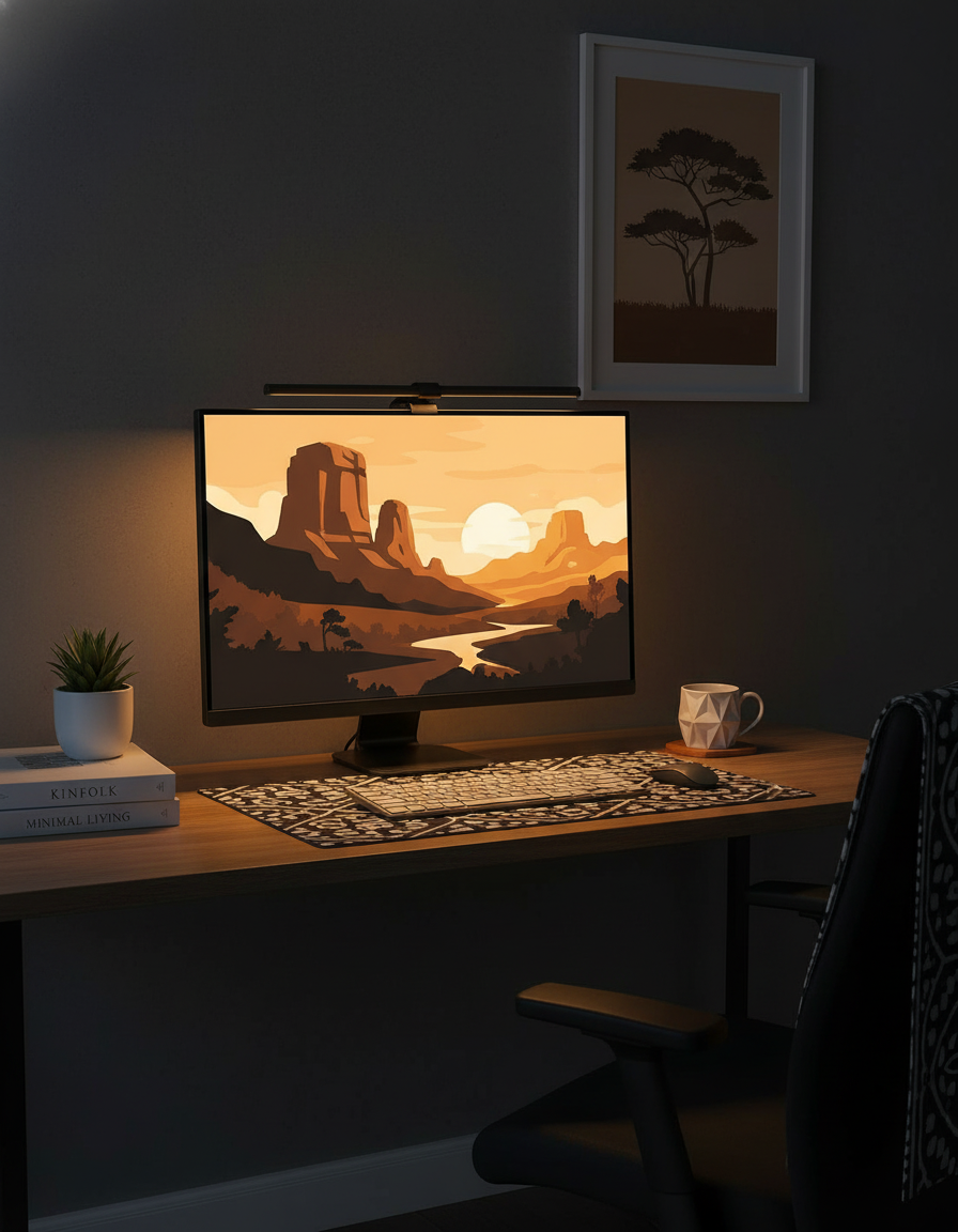 A NEXIA Monitor Light Bar on a dark grey monitor, illuminating a modern, minimalist desk setup with warm amber light.