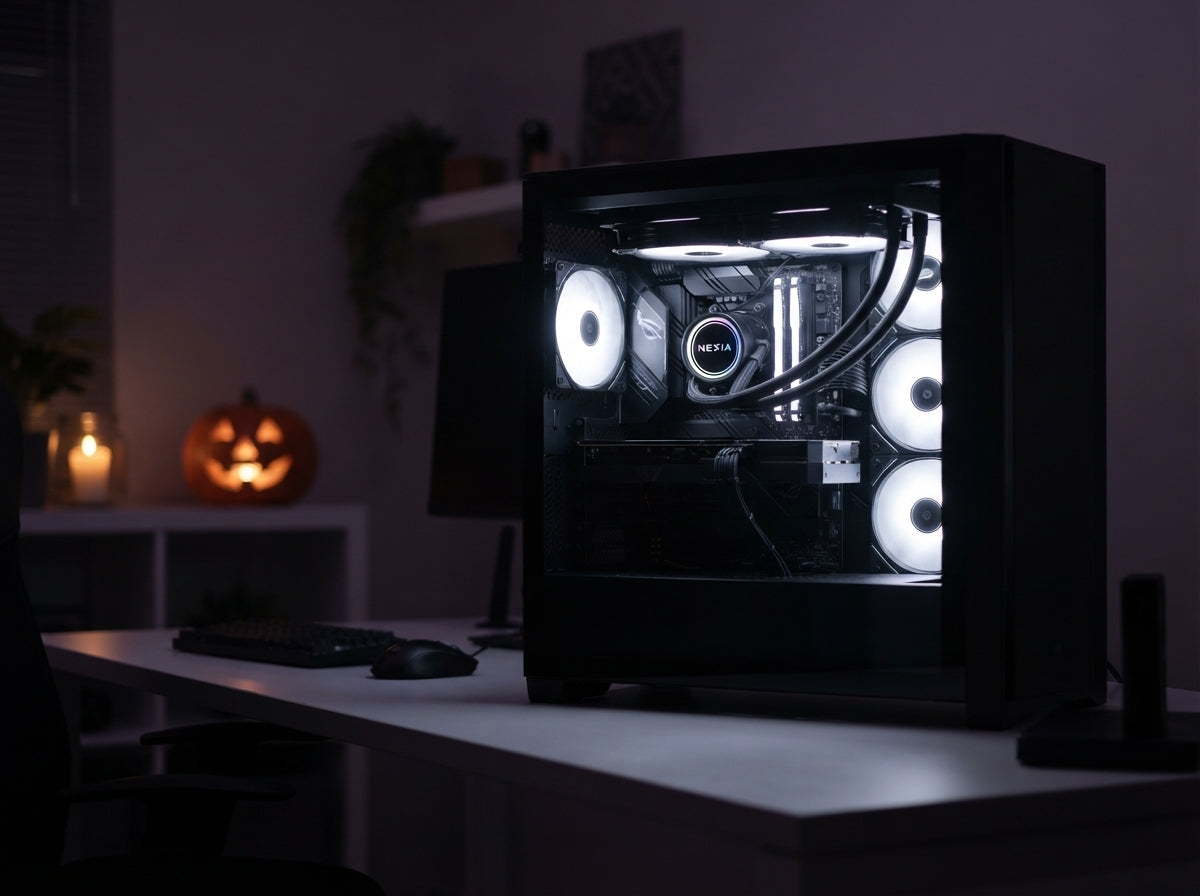 Liquid CPU cooler inside a high-end gaming PC case with ambient lighting and subtle Halloween decor in a modern home office.