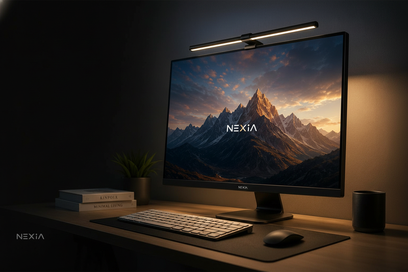 Close-up of a NEXIA Monitor Light Bar illuminating a modern desk setup with a monitor, keyboard, and mouse.