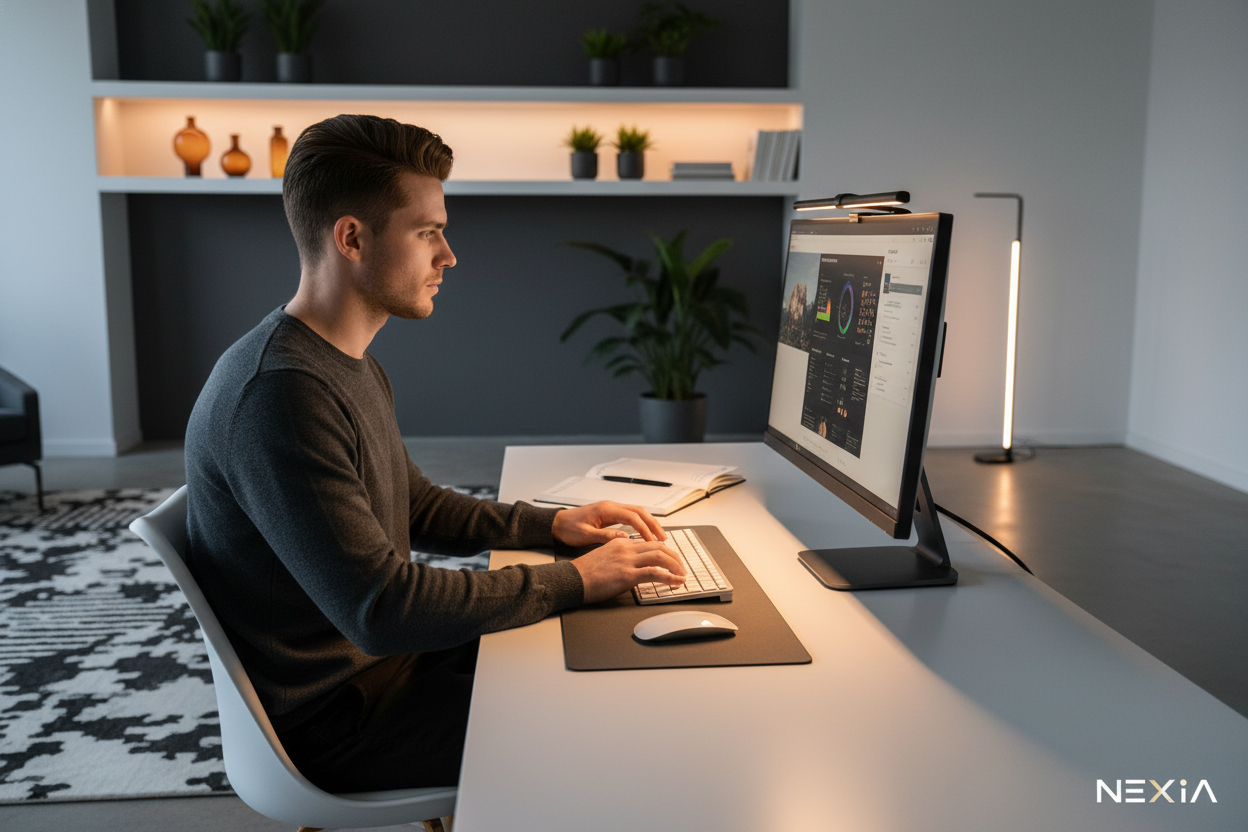 A South African professional works at a modern desk with a NEXIA Monitor Light Bar illuminating the workspace, featuring a sl