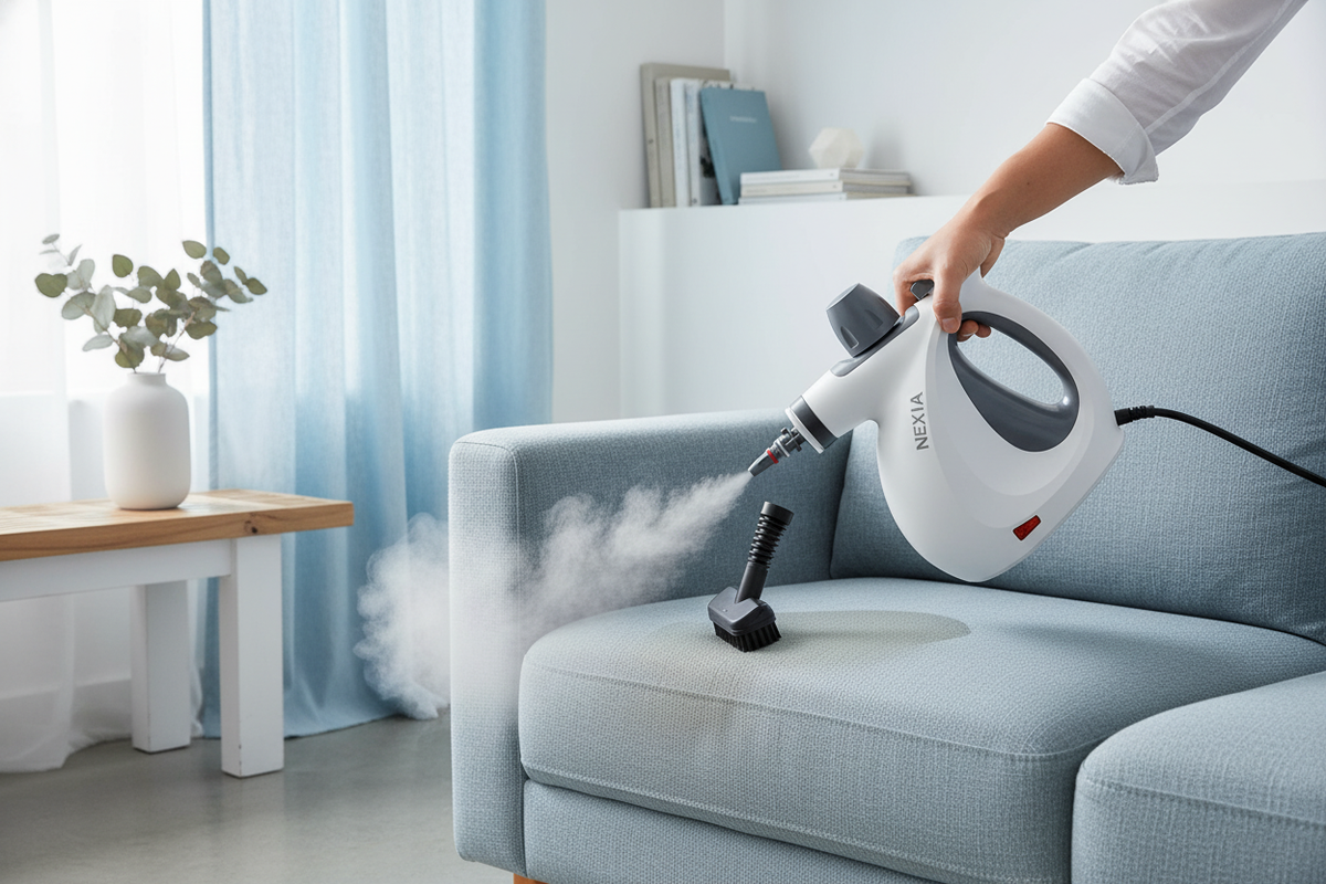 Person holding a 'NEXIA PureSteam Pro' handheld steam cleaner, cleaning a white countertop in a bright, modern home.