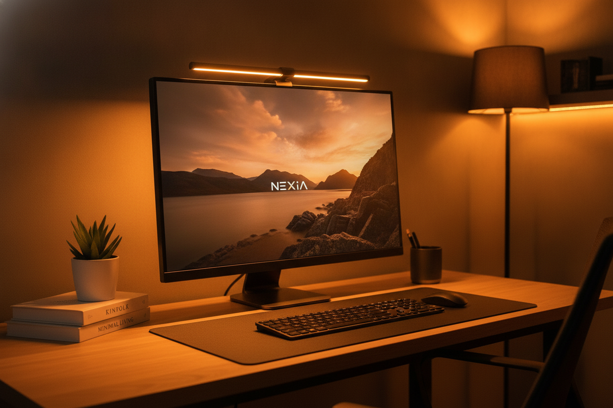 NEXIA Monitor Light Bar illuminating a modern, ergonomic desk setup in a home office with dark grey, white, and warm amber de